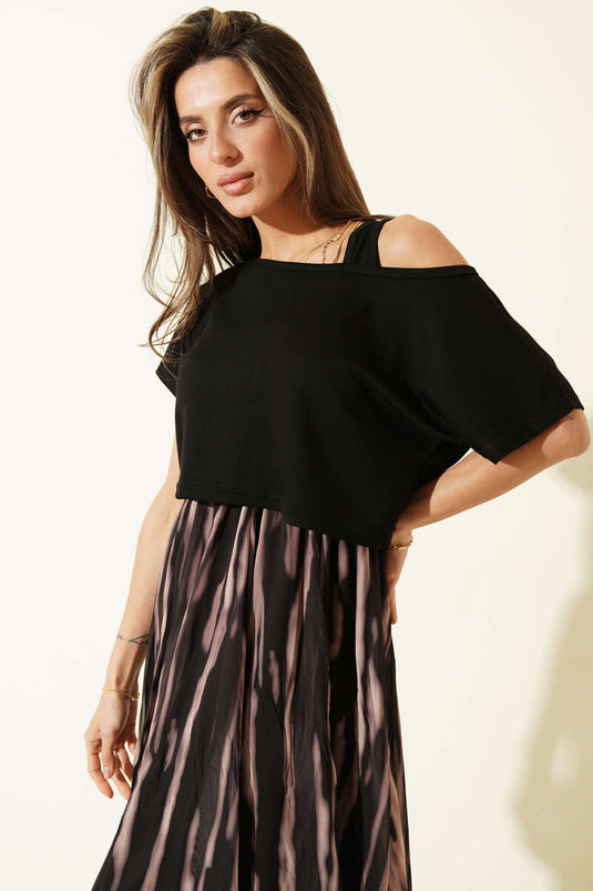 Kalın Askılı Şifon Elbise Siyah