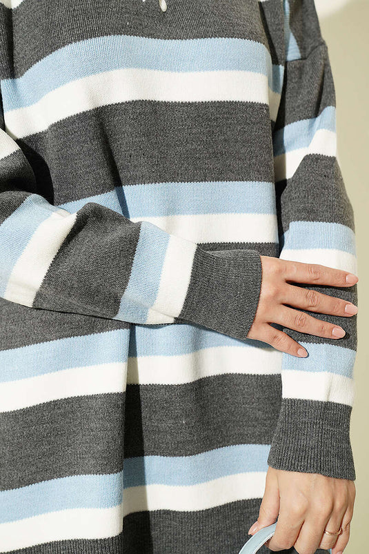 Tunique En Maille À Rayures Épaisses Et Boutons Gris Fumé