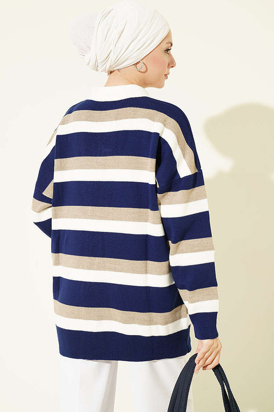 Tunique En Maille Épaisse À Rayures Et Boutons Bleu Marine