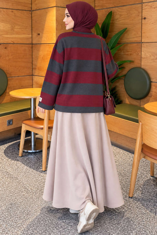 تونيك مخطط سميك من خيطين رمادي دخاني بورجوندي