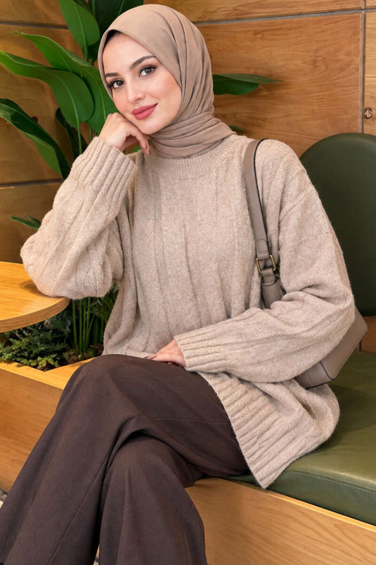 Dicke Rippstrick Tunika Beige