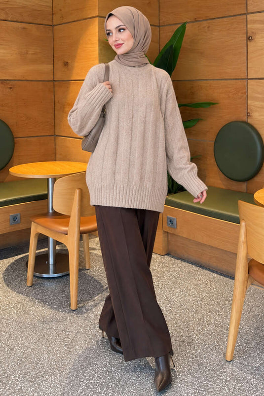 Dicke Rippstrick Tunika Beige