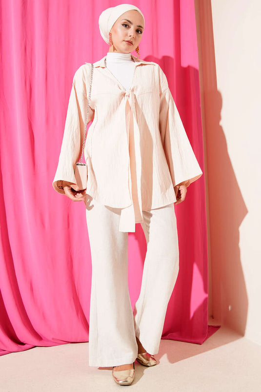 Kalın İp Bağcıklı Kimono Bej