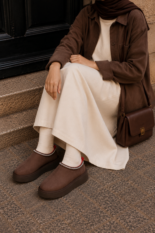 Thick-soled, fur-lined mini boots, brown.