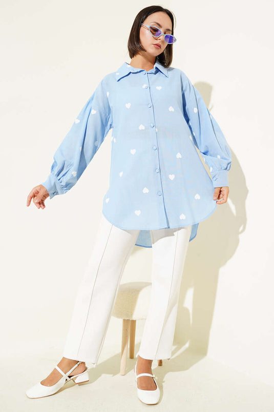 Heart Printed Linen Shirt Blue