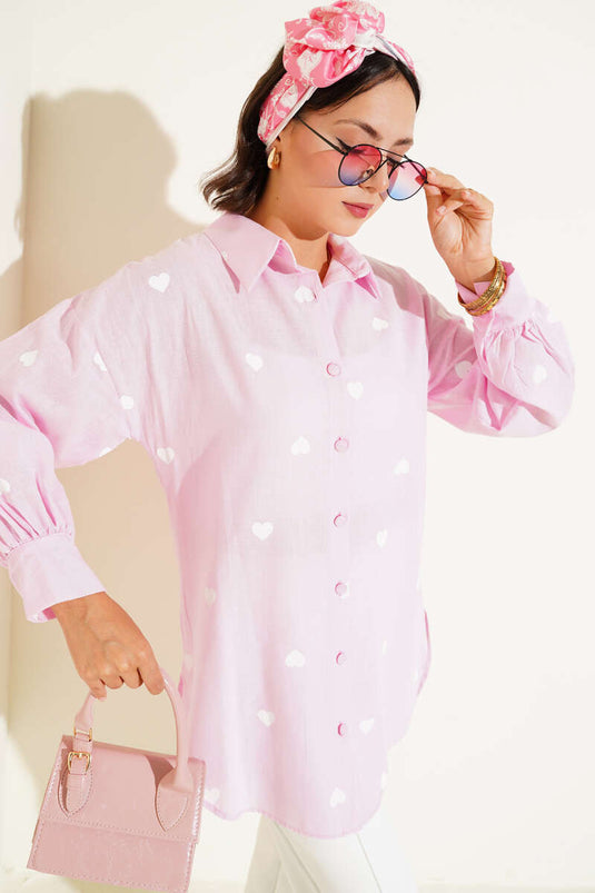 Leinenhemd mit Herz-Print Rosa