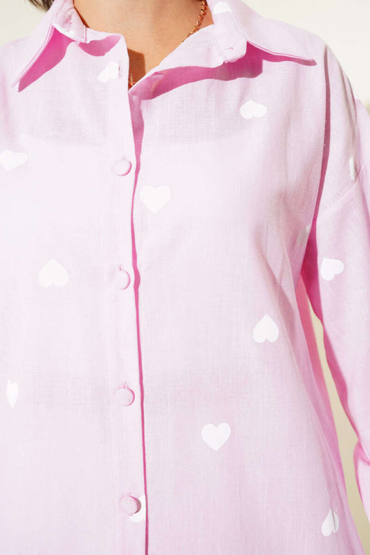 Leinenhemd mit Herz-Print Rosa