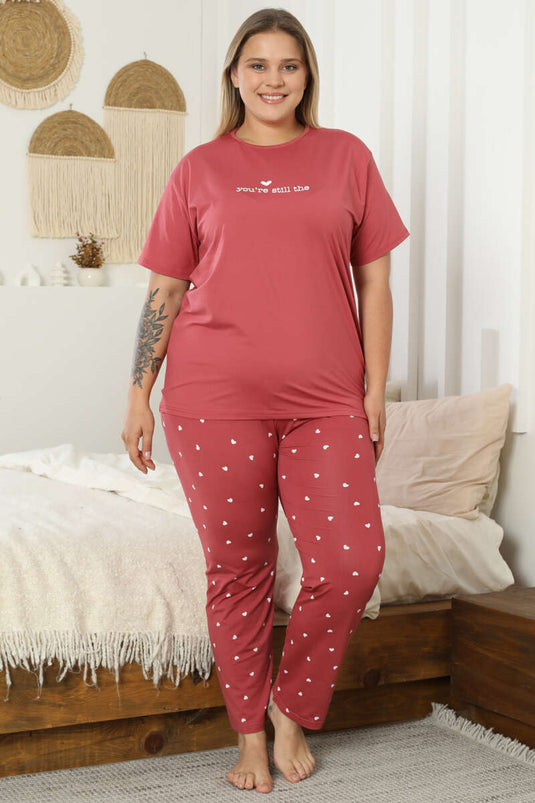 Pigiama a maniche corte con stampa a cuore, taglie forti, rosa