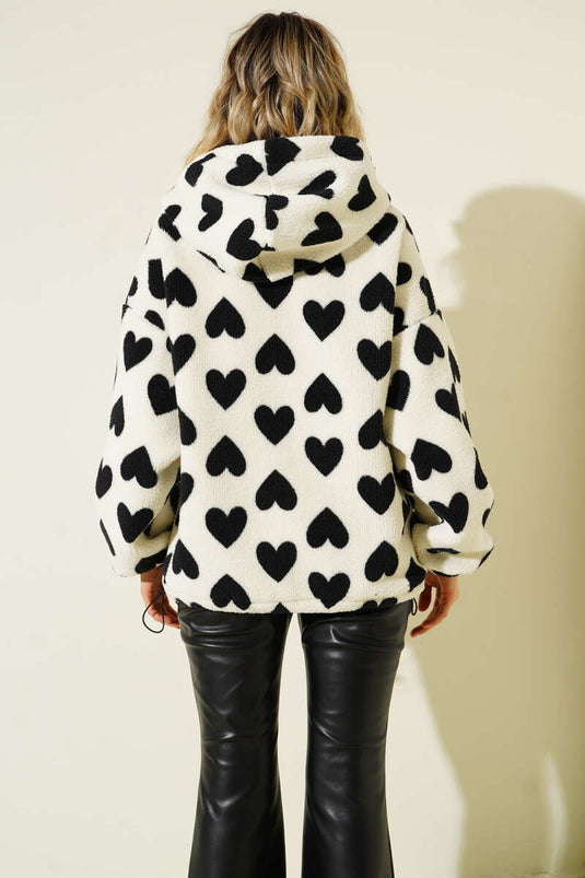 كارديجان مخملي مطبوع عليه قلوب، لون أبيض كريمي