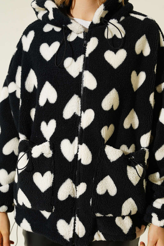 Schwarzer Plüsch-Cardigan mit Herzmuster