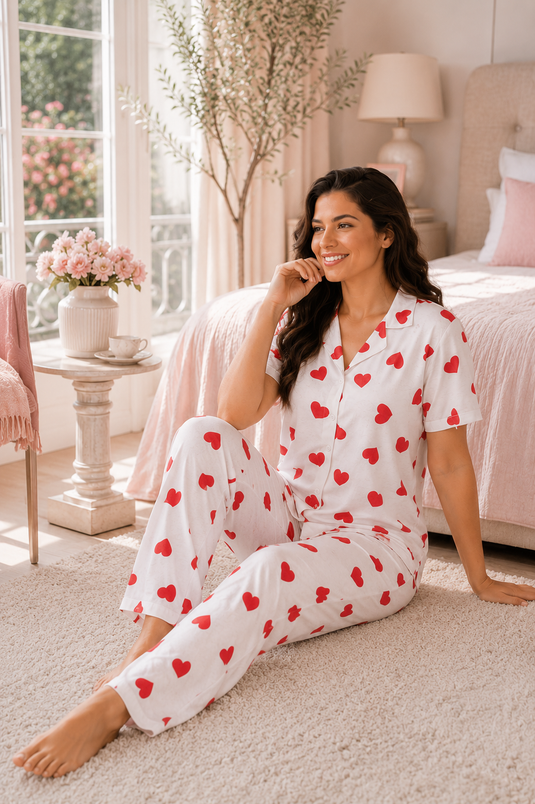 Kalp Desen Büyük Beden Pijama Takımı Beyaz