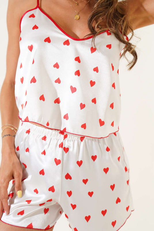 Kalp Desenli Askılı Saten Pijama Takımı Beyaz Kırmızı