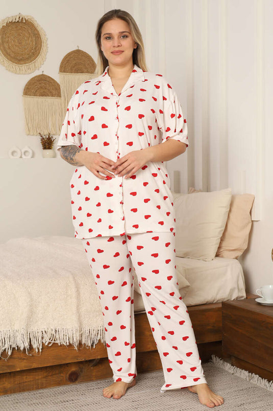 Kalp Desenli Büyük Beden Pijama Takımı Beyaz