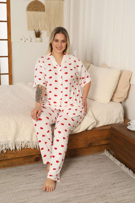 Kalp Desenli Büyük Beden Pijama Takımı Beyaz