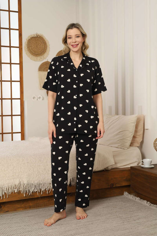 طقم بيجامة كبير الحجم بنقشة قلب باللون الأسود