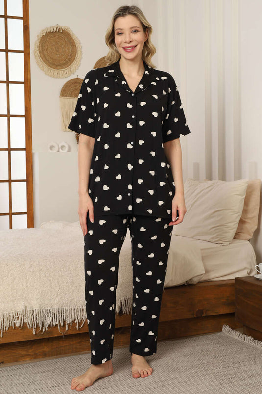 طقم بيجامة كبير الحجم بنقشة قلب باللون الأسود