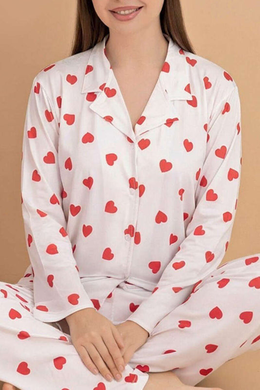 Pyjama-Set mit Hemdkragen und Herzmuster Weiß