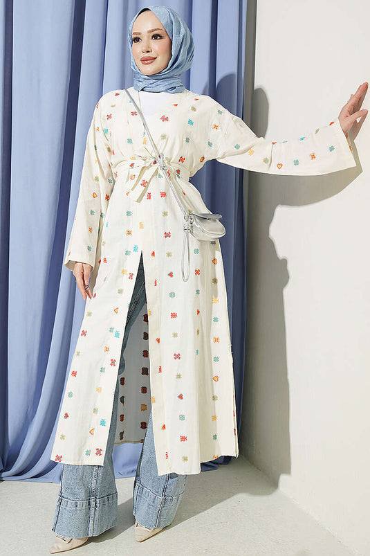 Kimono En Lin À Motif Cœur Beige
