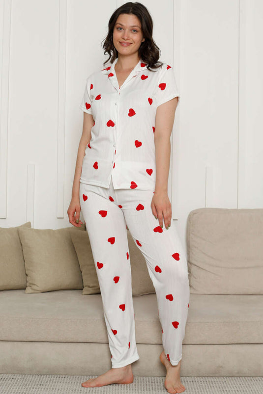 Ensemble pyjama à manches courtes à motifs de cœurs rouges