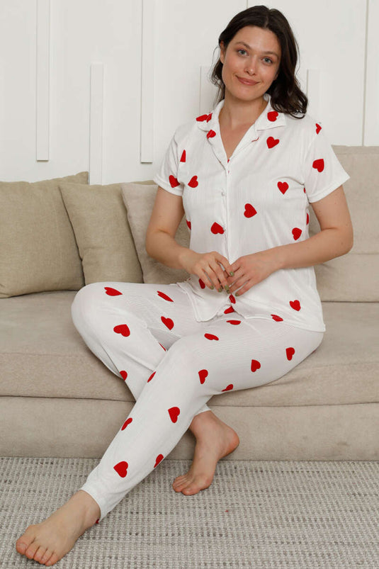 Ensemble pyjama à manches courtes à motifs de cœurs rouges