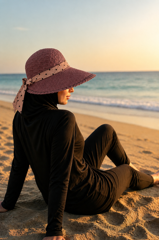 Heart Pattern Ribbon Detailed Straw Beach Hat Rosewood