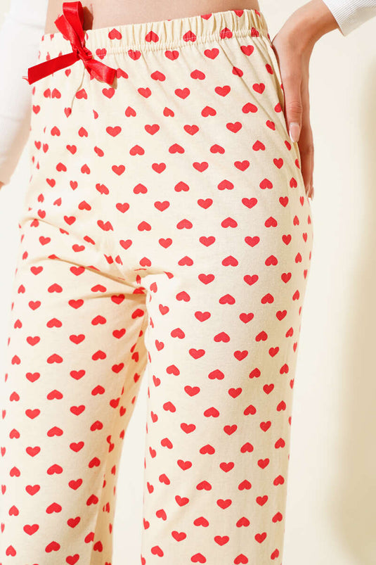 Heart Patterned Pajama Bottoms Beige