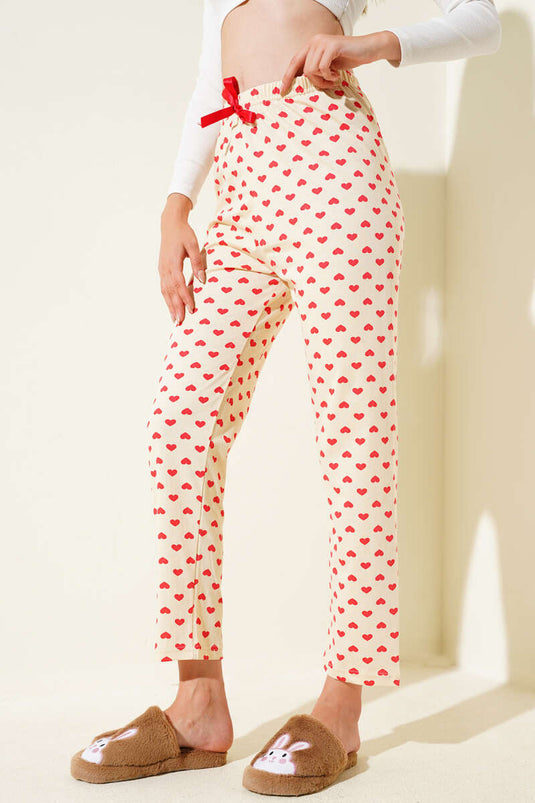 Heart Patterned Pajama Bottoms Beige