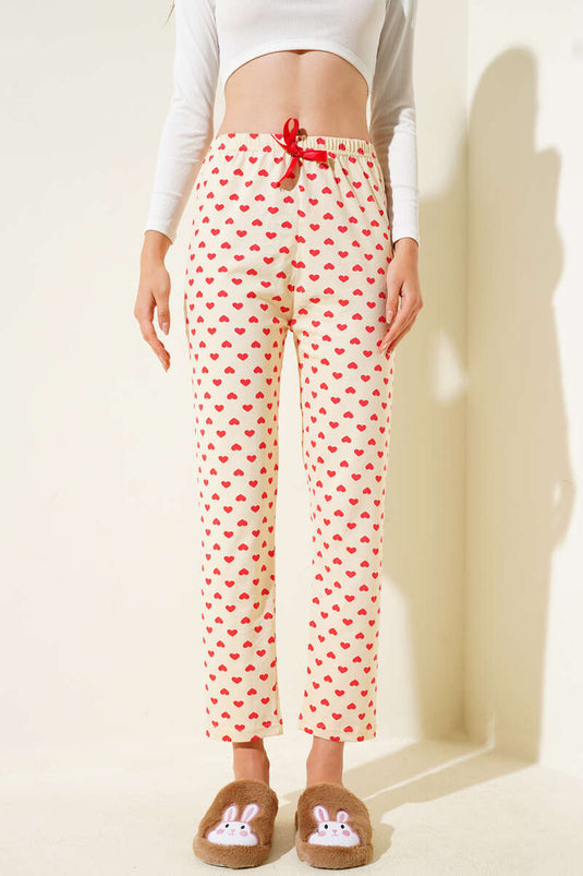 Heart Patterned Pajama Bottoms Beige