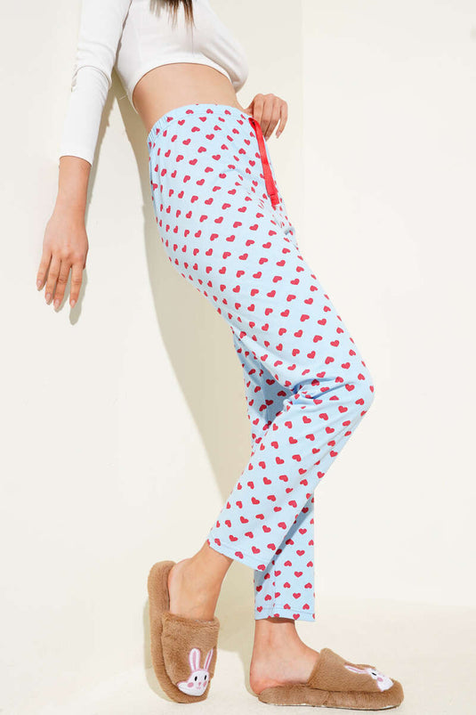 Heart Patterned Pajama Bottoms Blue