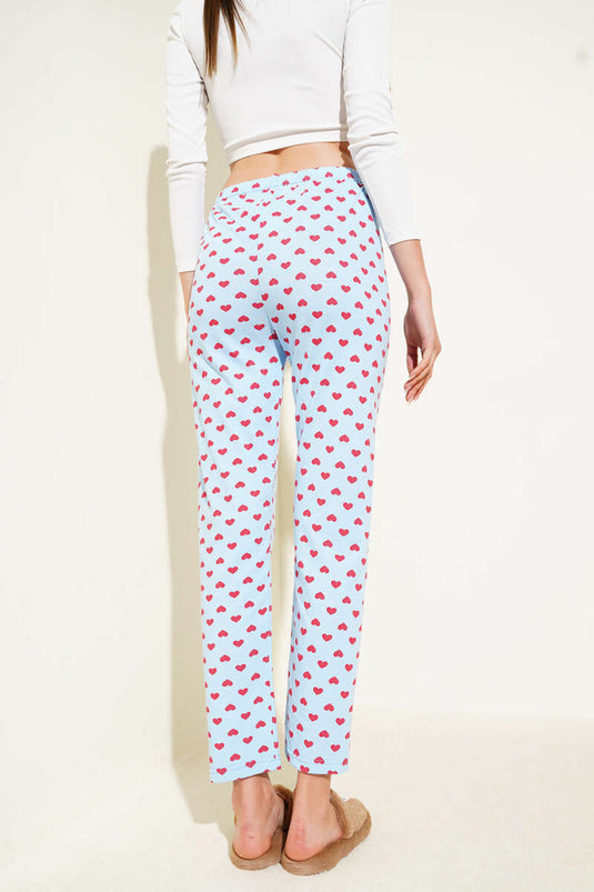 Heart Patterned Pajama Bottoms Blue