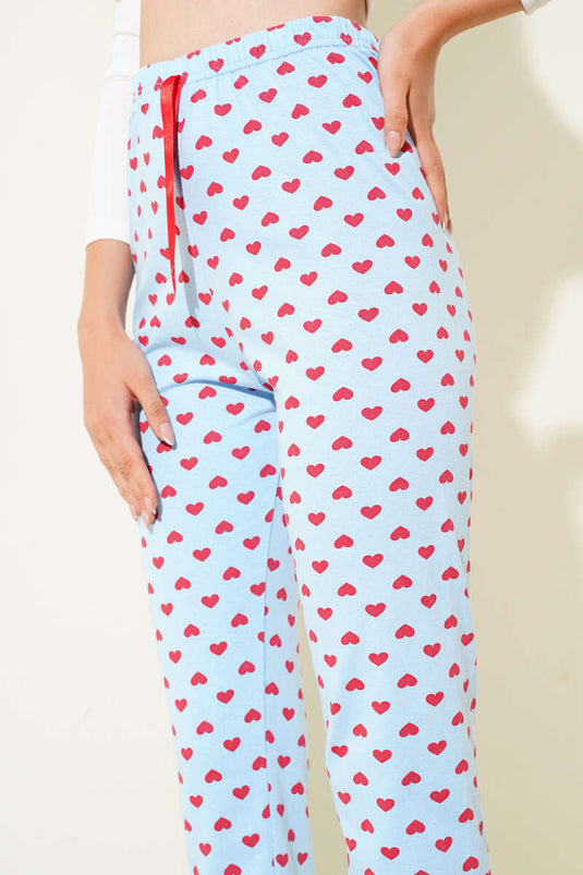 Heart Patterned Pajama Bottoms Blue