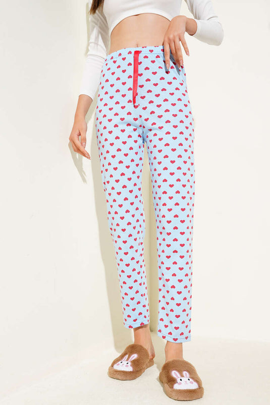 Heart Patterned Pajama Bottoms Blue