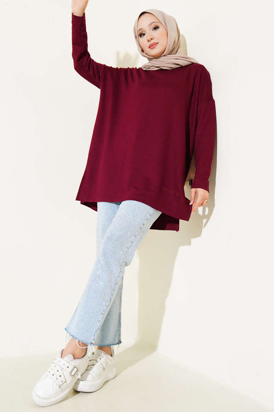 Kalp Detaylı Basic Tunik Bordo