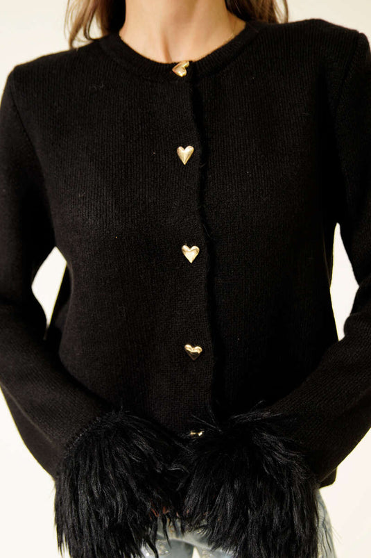 Cárdigan de punto con ribete de piel y botones en forma de corazón, color negro