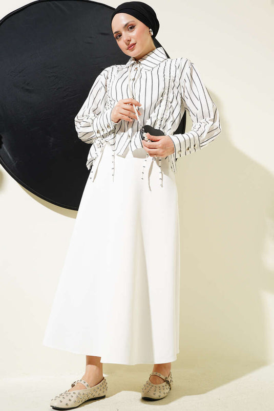 Kalp Düğmeli Önü Büzgülü Kısa Gömlek Beyaz