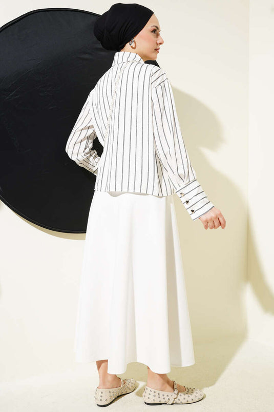 Kalp Düğmeli Önü Büzgülü Kısa Gömlek Beyaz