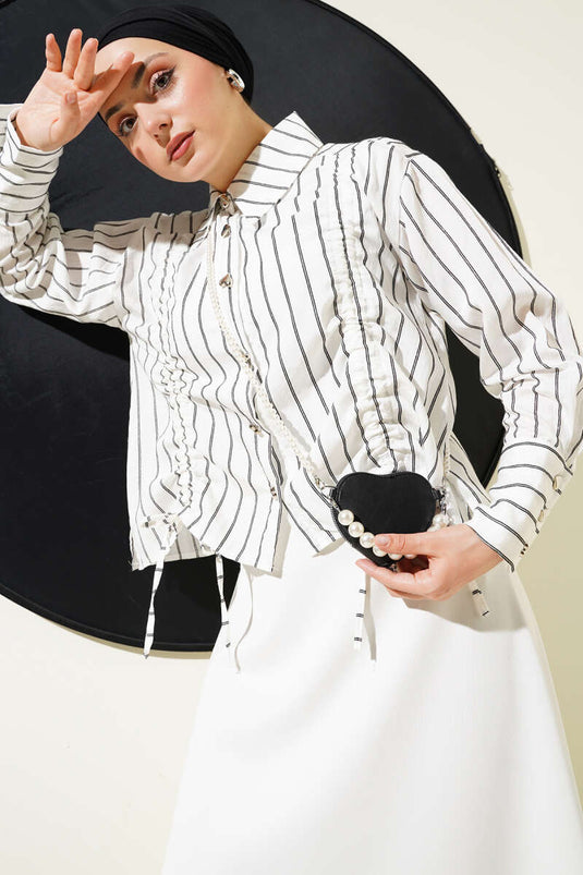 Kalp Düğmeli Önü Büzgülü Kısa Gömlek Beyaz