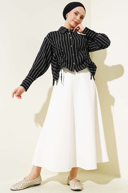 Kalp Düğmeli Önü Büzgülü Kısa Gömlek Siyah