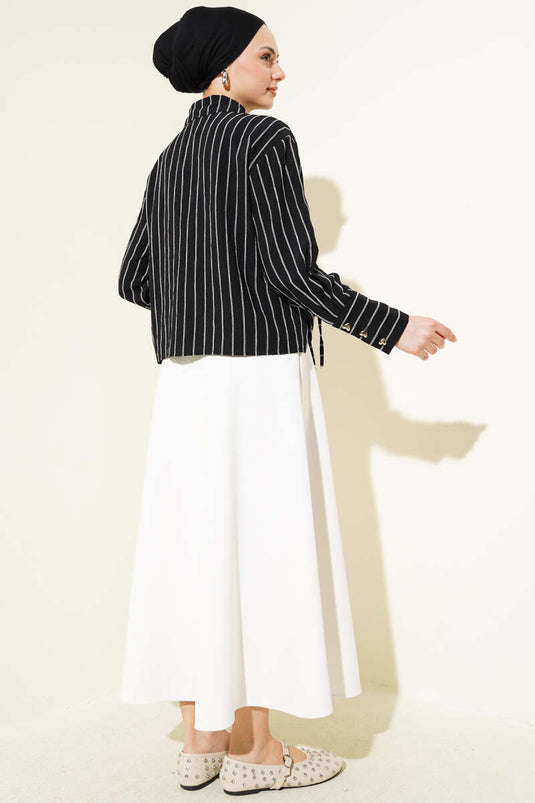 Kalp Düğmeli Önü Büzgülü Kısa Gömlek Siyah