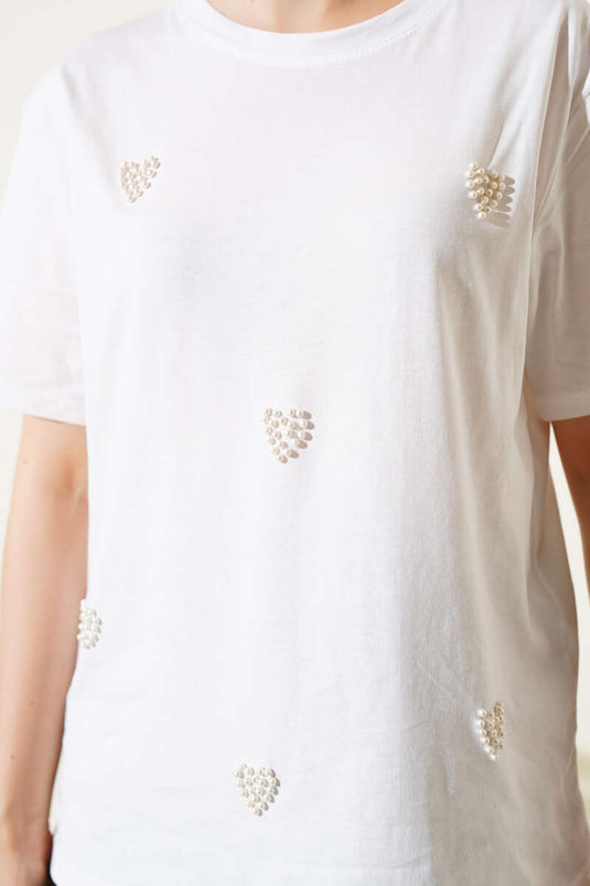 T-shirt écru à motif cœur perle