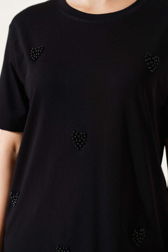 T-shirt noir à motif cœur et perle