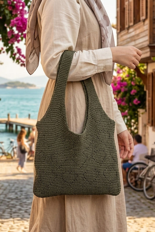 Borsa Estiva in Maglia con Motivo a Cuore Verde Militare