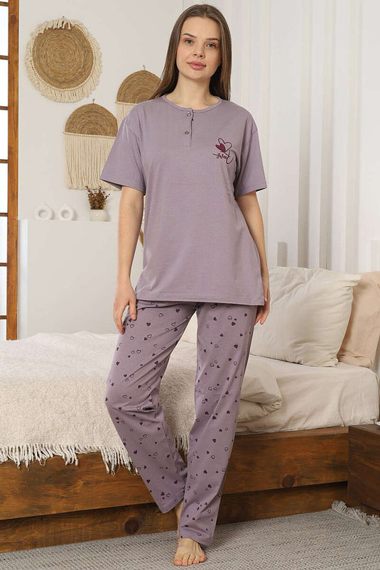 Conjunto de pijama de manga corta con detalles de bordado Kalp en lila
