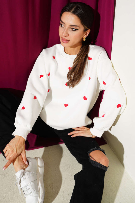 Heart Embroidered Sweatshirt, Ecru