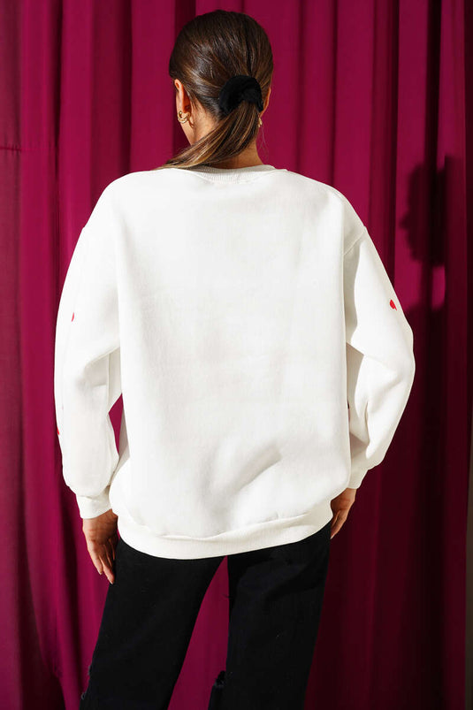 Heart Embroidered Sweatshirt, Ecru