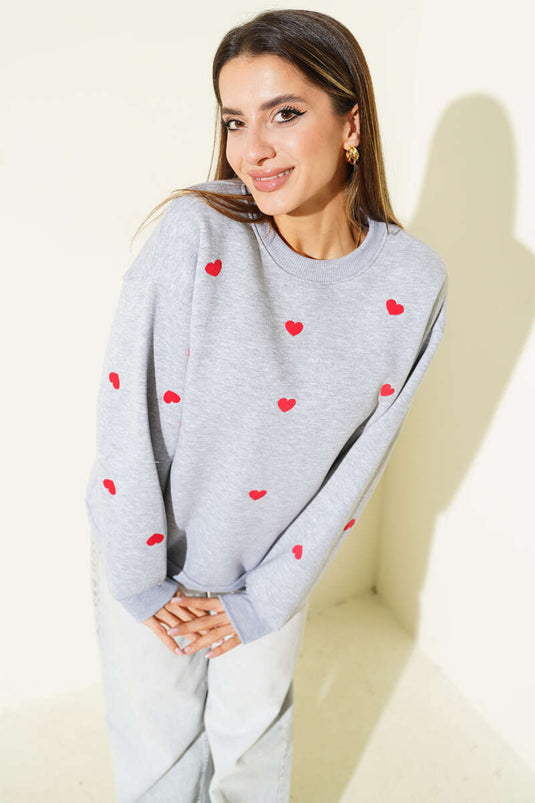 Kalp Nakış Detaylı Sweatshirt Gri