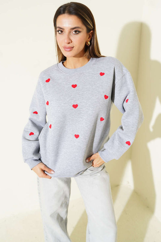 Grey Sweatshirt with Heart Embroidery Detail