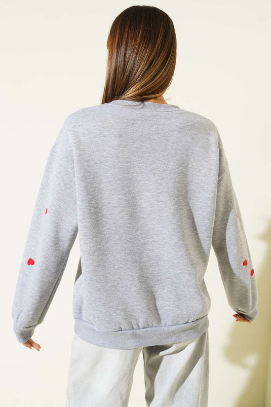 Grey Sweatshirt with Heart Embroidery Detail