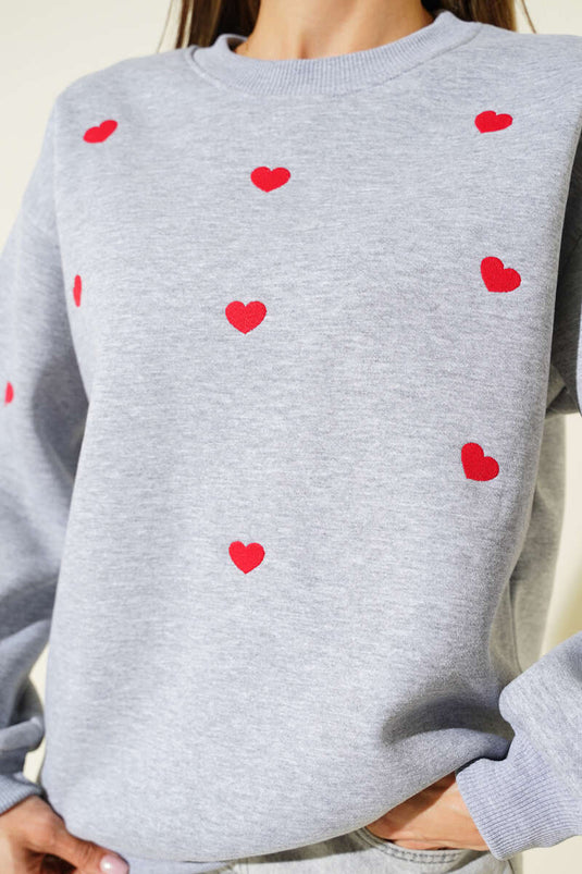 Kalp Nakış Detaylı Sweatshirt Gri