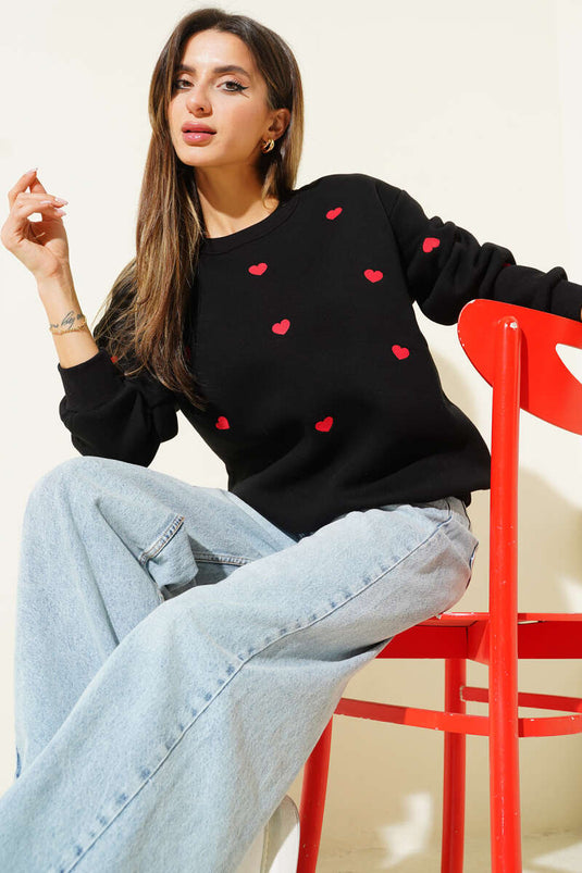 Heart Embroidered Sweatshirt, Black